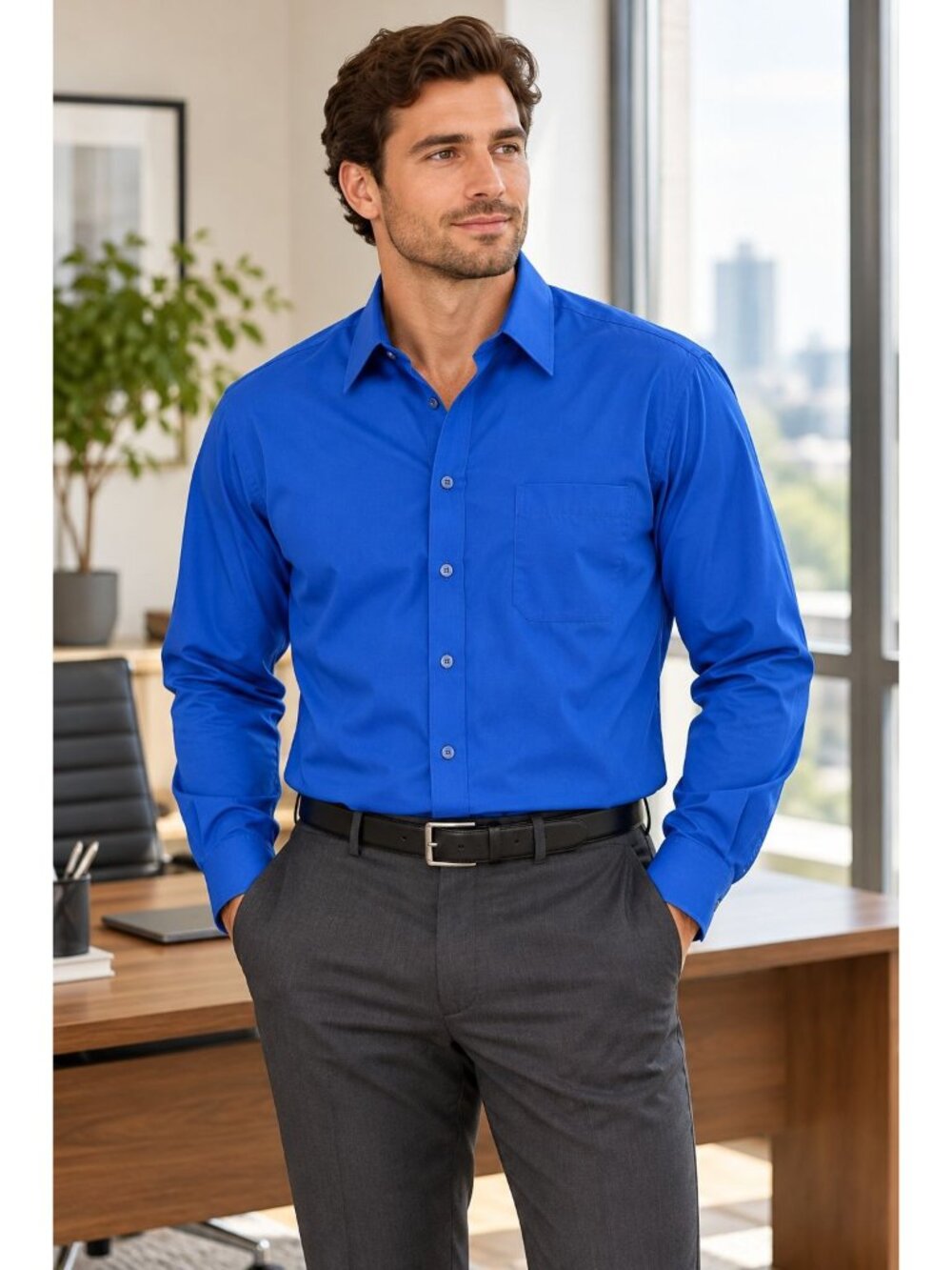 Pierre Cardin Shirt Mens Large Royal Blue Dress Long Sleeve 16-16.5 34/35